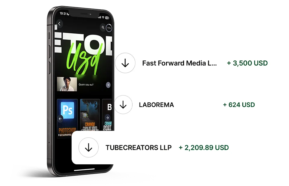 Celular com o curso Método USD aberto e notificações de pagamentos recebidos em dólar: + 3,500 USD, + 624 USD e + 2,209.89 USD